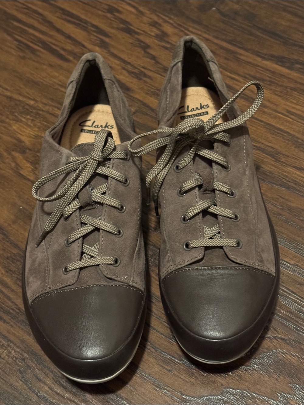 Clarks Women's Taupe Suede with Dark Brown Cap-Toe Flats
